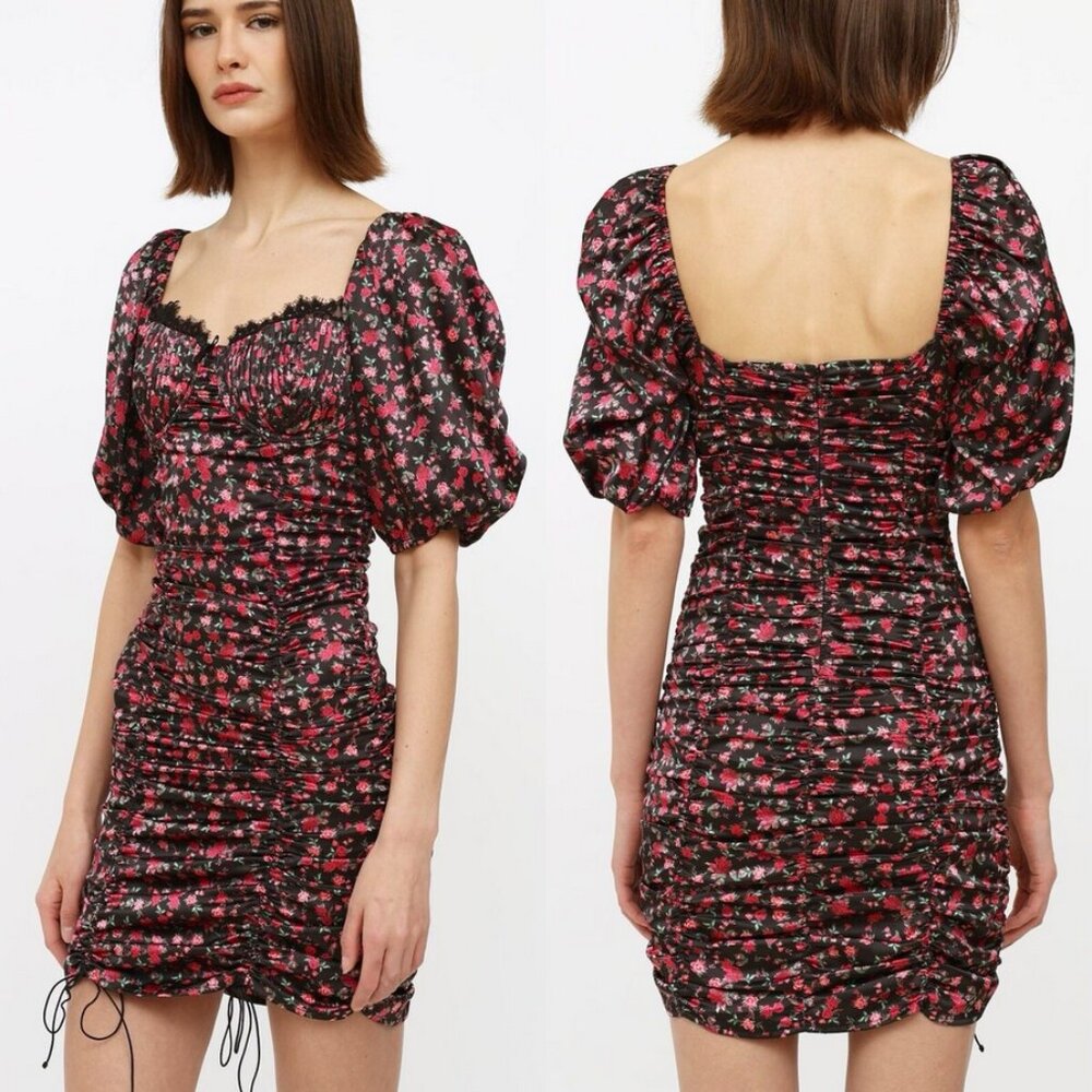 For Love & Lemons Melrose Puff Sleeve Satin Floral Bustier Mini Dress Sexy Small - Picture 17 of 17